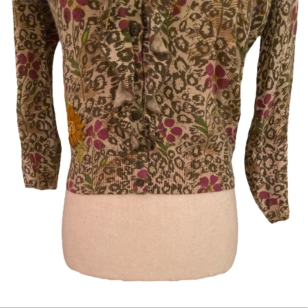Sparrow Anthro Embellished Floral Leopard Ruffle Draped Cashmere Cardigan - XS - Picture 4 of 13